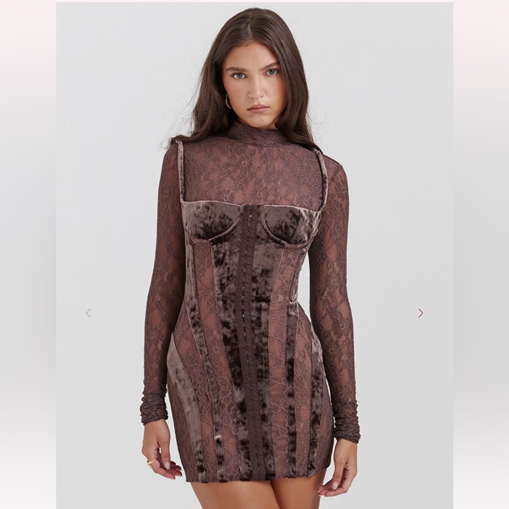 House of CB Marica dress *Elegant Velvet Lace Dress in Brown*
